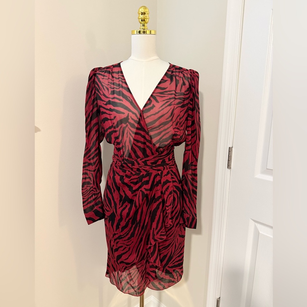 ba&sh Red and Black ‘Saphir’ Tiger Print Long Sleeve Dress (Bash sz 1 / US sz 4)